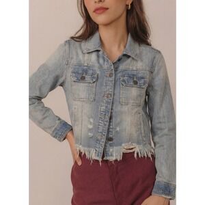 NWOT Hidden Jeans Women's Cropped Distressed Denim Jacket Raw Hem Size Small